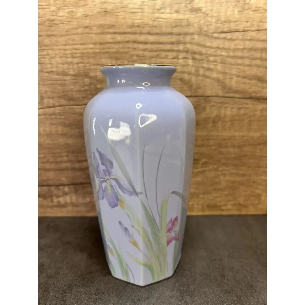 Vintage Otagiri Japan Periwinkle Irises Flower Bud Vase Medium
